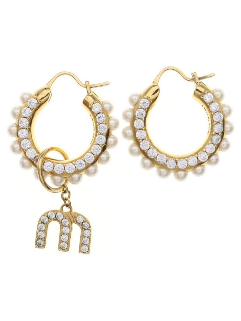 Miu Miu Rhinestone Pearl Hoop Drop Earrings White Gold